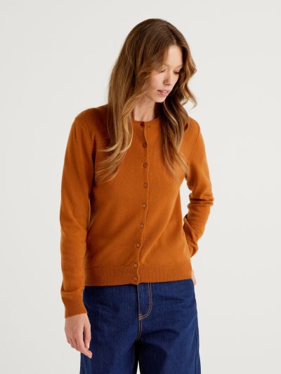 Women's Benetton Crew Neck Pure Merino Wool Cardigan Brown | NZ398173
