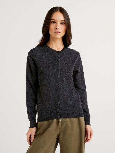 Women's Benetton Crew Neck Pure Merino Wool Cardigan Dark Grey | NZ409122