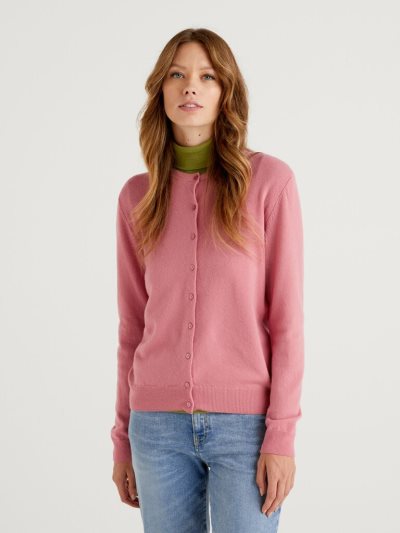 Women's Benetton Crew Neck Pure Merino Wool Cardigan Pink | NZ480478