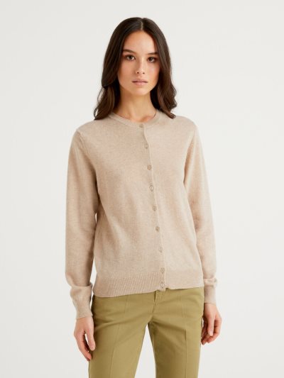 Women's Benetton Crew Neck Pure Merino Wool Cardigan Beige | NZ512869
