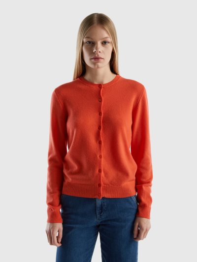 Women's Benetton Crew Neck Pure Merino Wool Cardigan Coral | NZ570968