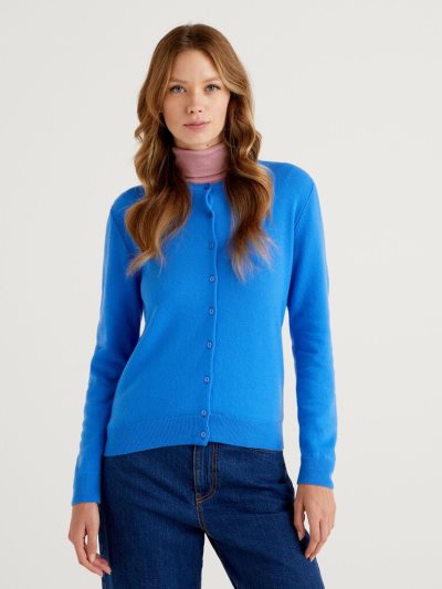 Women's Benetton Crew Neck Pure Merino Wool Cardigan Turquoise | NZ634174