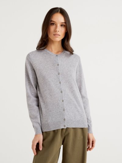 Women's Benetton Crew Neck Pure Merino Wool Cardigan Light Grey | NZ646970