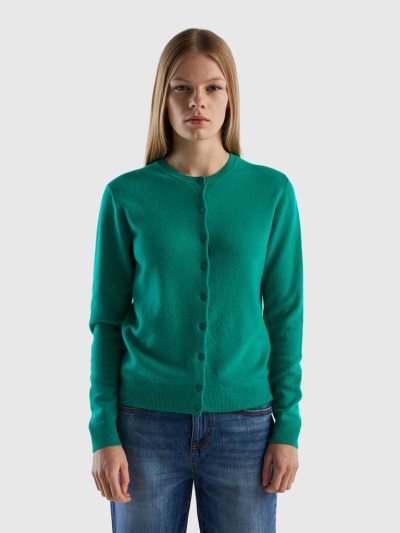Women's Benetton Crew Neck Pure Merino Wool Cardigan Green | NZ648777