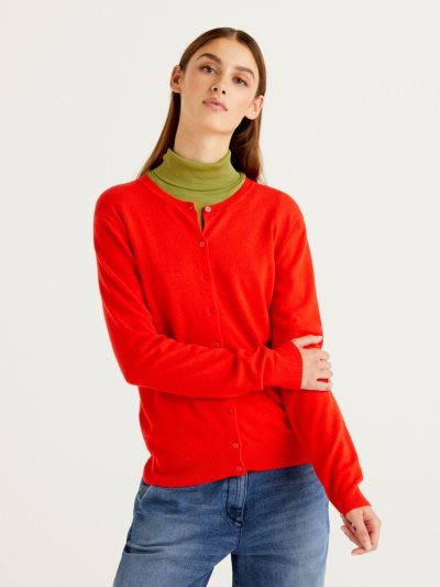 Women's Benetton Crew Neck Pure Merino Wool Cardigan Coral Red | NZ716360