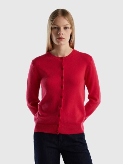 Women's Benetton Crew Neck Pure Merino Wool Cardigan Deep Fuchsia | NZ822243