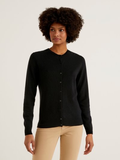 Women's Benetton Crew Neck Pure Merino Wool Cardigan Black | NZ877645
