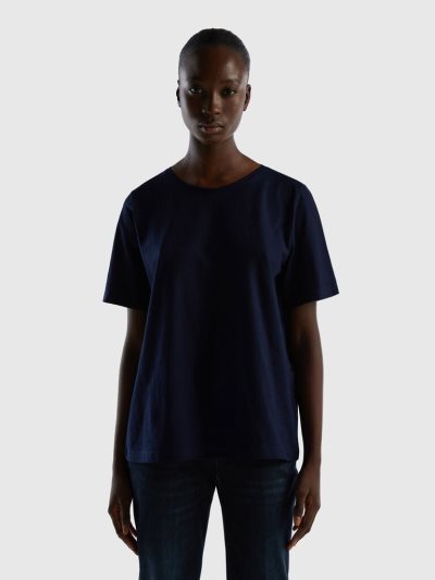 Women's Benetton Crew Neck Slub Cotton Short Sleeve T-shirts Dark Blue | NZ458262