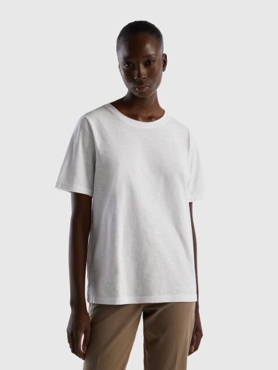 Women's Benetton Crew Neck Slub Cotton Short Sleeve T-shirts White | NZ789129
