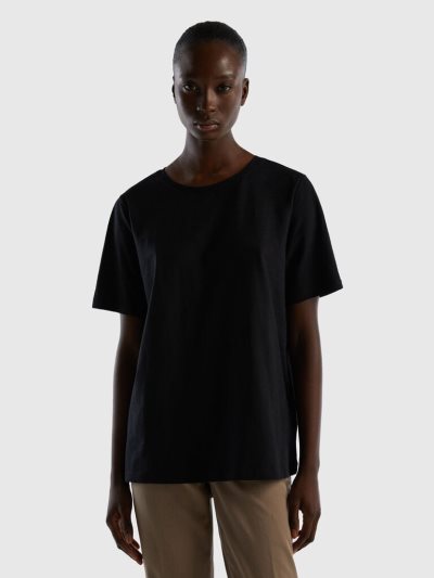 Women's Benetton Crew Neck Slub Cotton Short Sleeve T-shirts Black | NZ938477