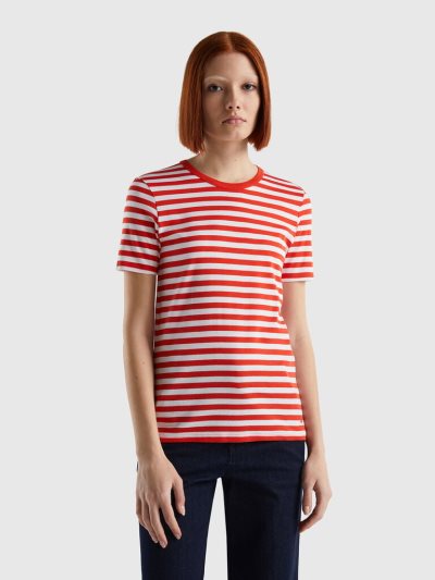 Women's Benetton Crew Neck Striped Short Sleeve T-shirts Red | NZ053225
