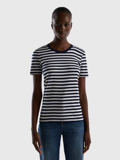 Women's Benetton Crew Neck Striped Short Sleeve T-shirts Dark Blue | NZ625325