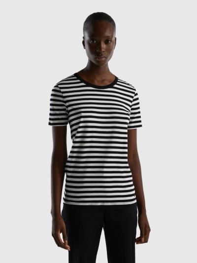 Women's Benetton Crew Neck Striped Short Sleeve T-shirts Black | NZ676109