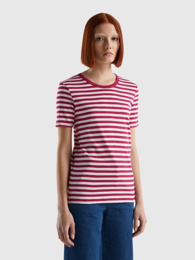 Women's Benetton Crew Neck Striped Short Sleeve T-shirts Red | NZ702480