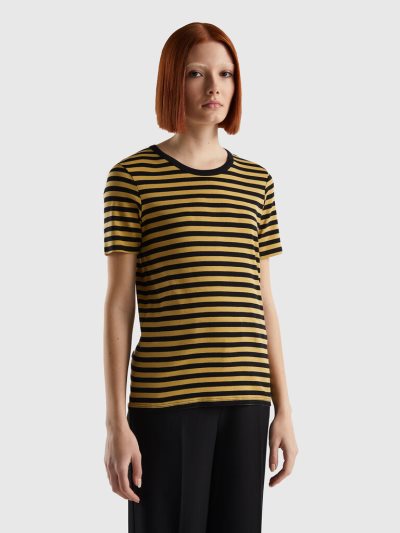 Women's Benetton Crew Neck Striped Short Sleeve T-shirts Mustard | NZ914601