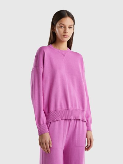 Women's Benetton Crew Neck Tricot Cotton Sweaters Pink | NZ331028