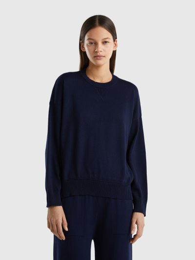 Women's Benetton Crew Neck Tricot Cotton Sweaters Dark Blue | NZ423665