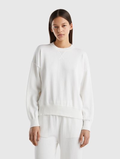 Women's Benetton Crew Neck Tricot Cotton Sweaters Creamy White | NZ756475