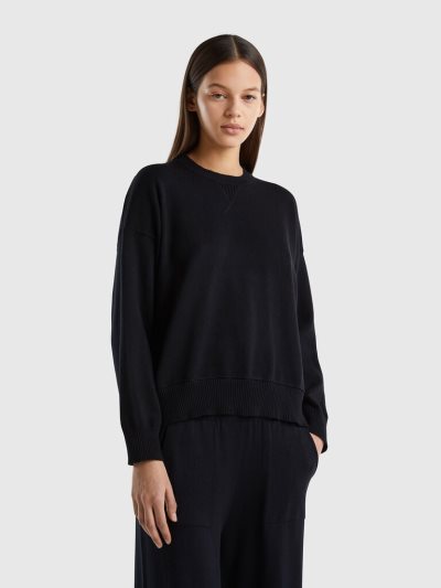 Women's Benetton Crew Neck Tricot Cotton Sweaters Black | NZ902741