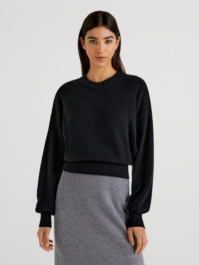 Women's Benetton Crew Neck Wool Blend Sweaters Black | NZ279420