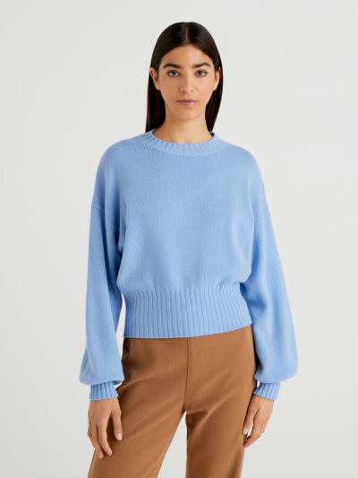Women's Benetton Crew Neck Wool Blend Sweaters Light Blue | NZ283787