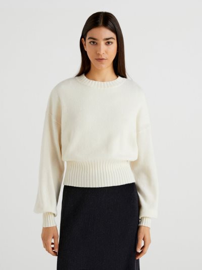 Women's Benetton Crew Neck Wool Blend Sweaters Creamy White | NZ630819