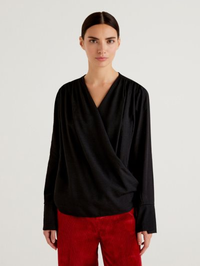 Women's Benetton Crisscross Flowy Blouse Black | NZ006754