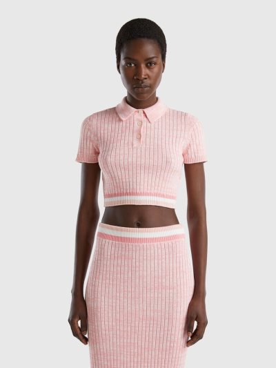 Women's Benetton Cropped Knit Polo Shirts Pink | NZ475827