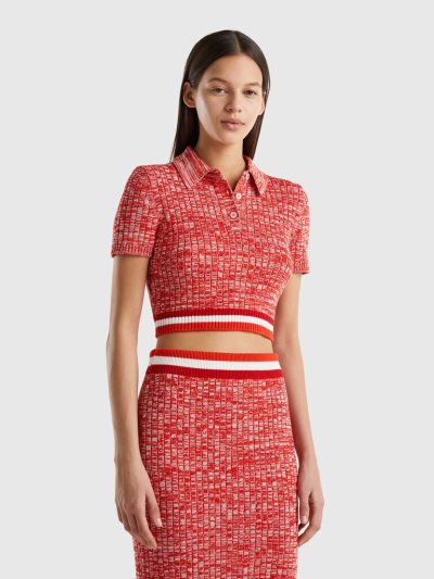 Women's Benetton Cropped Knit Polo Shirts Red | NZ841177