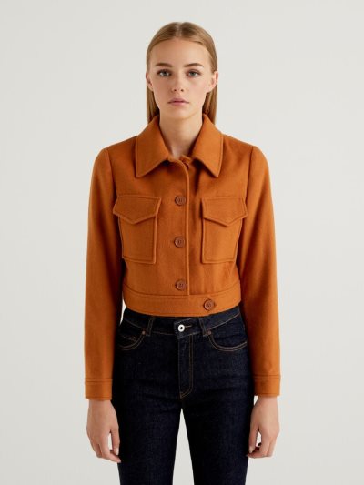 Women's Benetton Cropped Wool Blend Cloth Light Jackets Camel | NZ013110