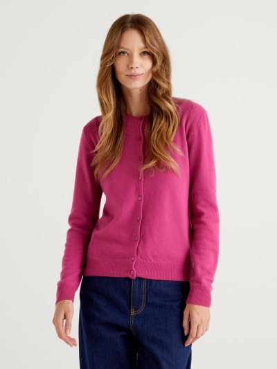 Women's Benetton Cyclamen Crew Neck Pure Merino Wool Cardigan Cyclamen | NZ593323