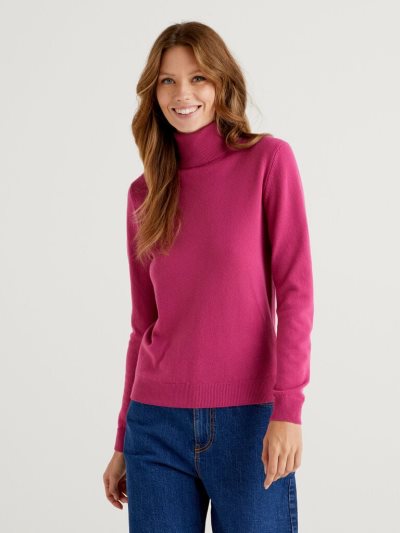 Women's Benetton Cyclamen Pure Merino Wool Turtleneck High Neck Sweaters Cyclamen | NZ504881
