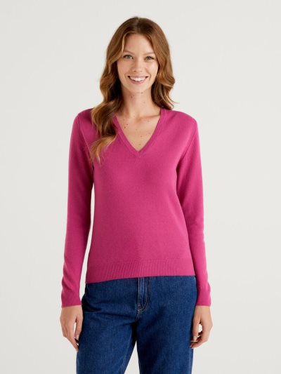 Women's Benetton Cyclamen V-neck Pure Merino Wool Sweaters Cyclamen | NZ995066
