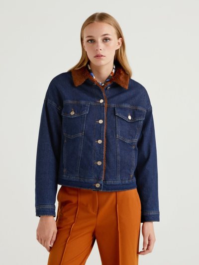 Women's Benetton Denim Look Cropped Light Jackets Dark Blue | NZ125722