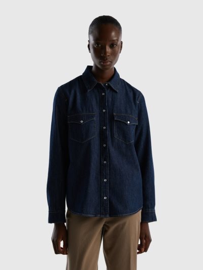 Women's Benetton Denim Regular Fit Shirts Blue | NZ310430