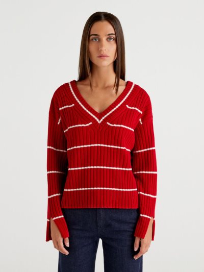 Women's Benetton Double Fit V-neck Sweaters Red | NZ094480