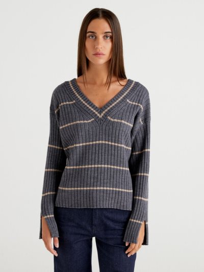 Women's Benetton Double Fit V-neck Sweaters Dark Grey | NZ158463