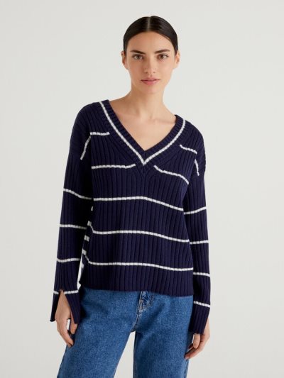 Women's Benetton Double Fit V-neck Sweaters Dark Blue | NZ749543
