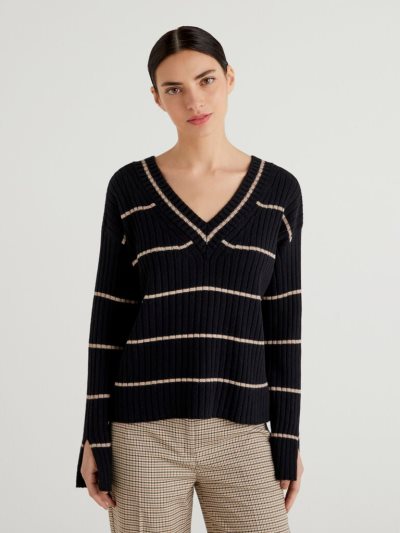 Women's Benetton Double Fit V-neck Sweaters Black | NZ981630