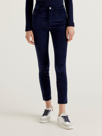 Women's Benetton Five Pocket Velvet Trousers Dark Blue | NZ729887