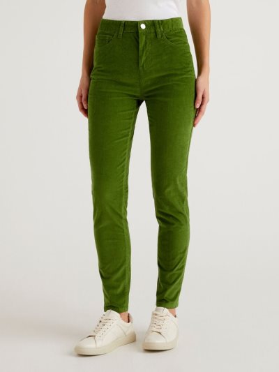 Women's Benetton Five Pocket Velvet Trousers Olive Green | NZ752793