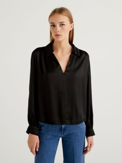 Women's Benetton Flared 100% Viscose Blouse Black | NZ454977