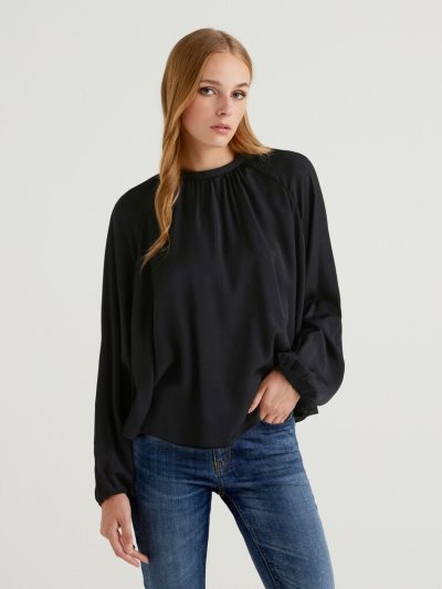 Women's Benetton Flared Puff Sleeves Blouse Black | NZ938677