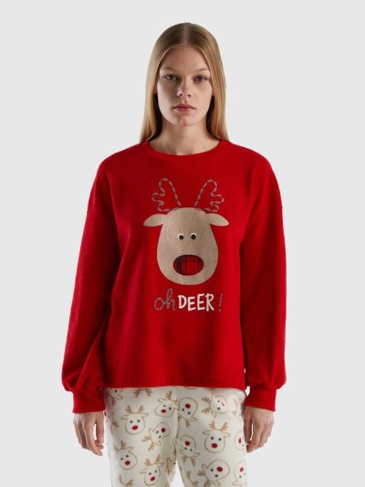 Women's Benetton Fleece Reindeer Print Pyjamas Red | NZ947006