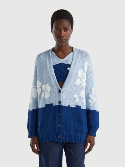 Women's Benetton Floral Inlay Cardigan Blue | NZ998038