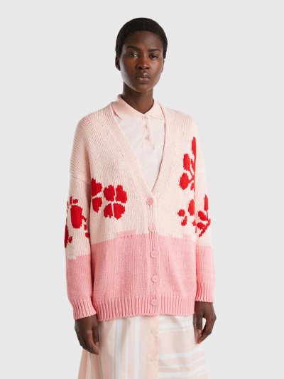 Women's Benetton Floral Inlay Cardigan Pink | NZ308709
