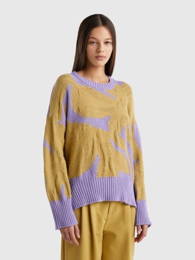 Women's Benetton Floral Inlay Crew Neck Sweaters Lilac | NZ508688