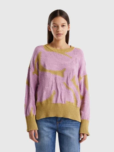 Women's Benetton Floral Inlay Crew Neck Sweaters Mustard | NZ764055
