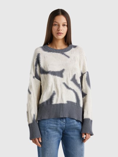 Women's Benetton Floral Inlay Crew Neck Sweaters Grey | NZ951846