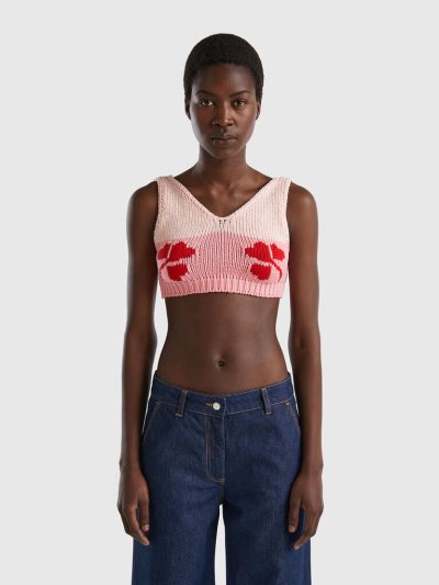 Women's Benetton Floral Inlay Cropped Tanks Pink | NZ246402